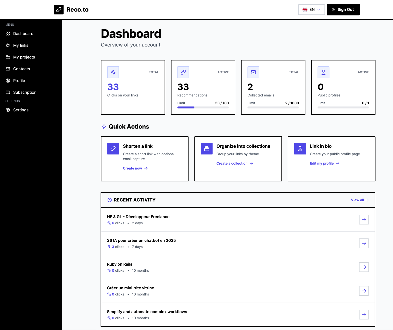 Interface d'administration Reco.to
