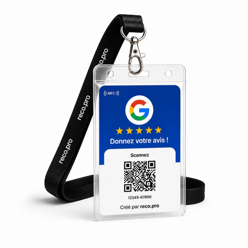 Tarjeta NFC Reco.pro Reseñas de Google llevada como credencial con una cinta al cuello