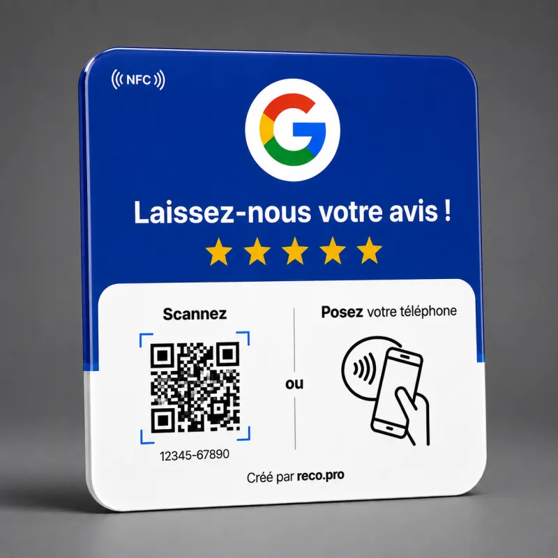 Placa NFC Reco.pro Reseñas de Google, colocada sobre un mostrador